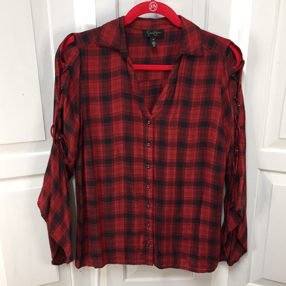 Jessica Simpson Red & Black Plaid Button Down Top - Picture 1 of 16